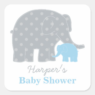 Mutter und Baby Elephant Boy Dusche Blau und Grau Quadratischer Aufkleber