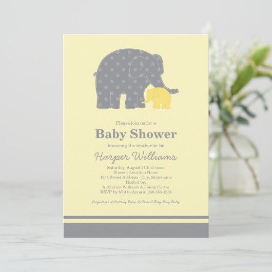 Mutter und Baby Elephant Dusche Gelb und Grau Einladung (Stehend Vorderseite)