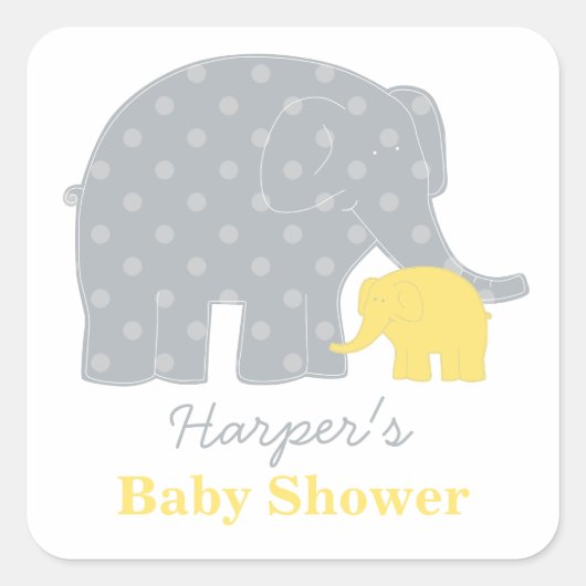 Mutter und Baby Elephant Dusche Gelb und Grau Quadratischer Aufkleber (Vorderseite)