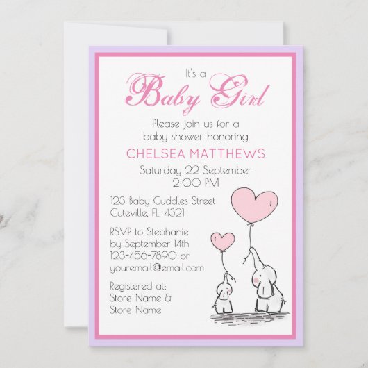 Mutter und Baby Elephant mit Herz-Balloons-Mädchen Einladung (Vorderseite)