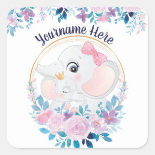 Mutter und Baby Elephant Pink Blush Blume Kranz Quadratischer Aufkleber