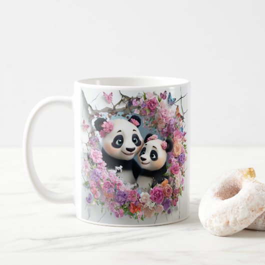 Mutter und Baby Pandas tauchen spielerisch aus der Kaffeetasse (Mit Donut)