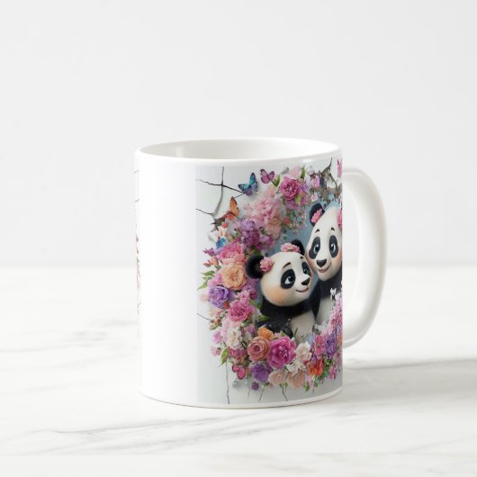 Mutter und Baby Pandas tauchen spielerisch aus der Kaffeetasse (VorderseiteRechts)