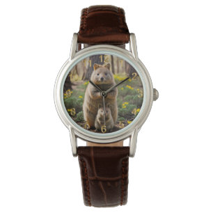 Mutter und Baby Quokka, Ladys Leather Watch Armbanduhr