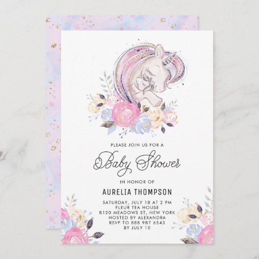 Mutter und Baby Unicorn Glitzer Babydusche Einladung (Vorne/Hinten)