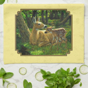 Mutter und Baby Whitetail Deer Yellow Küchentuch