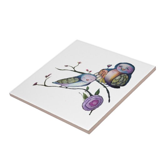 Mutter- und Babyeule auf einem Baumast Fliese (Seite)