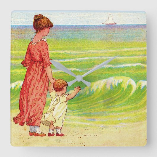 Mutter und Kind am Strand Quadratische Wanduhr (Vorderseite)