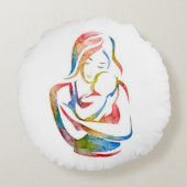 Mutter und Kind: Aquarellmalerei Kunst drucken Rundes Kissen (Rückseite)