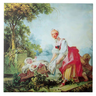 Mutter und Kind auf Rollkarren von Fragonard Fliese