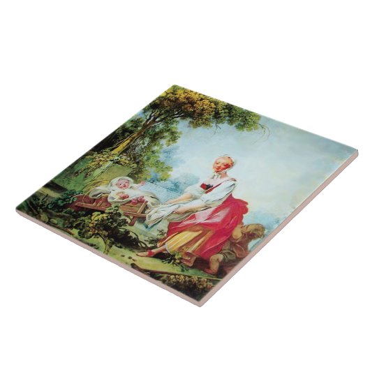 Mutter und Kind auf Rollkarren von Fragonard Fliese (Seite)