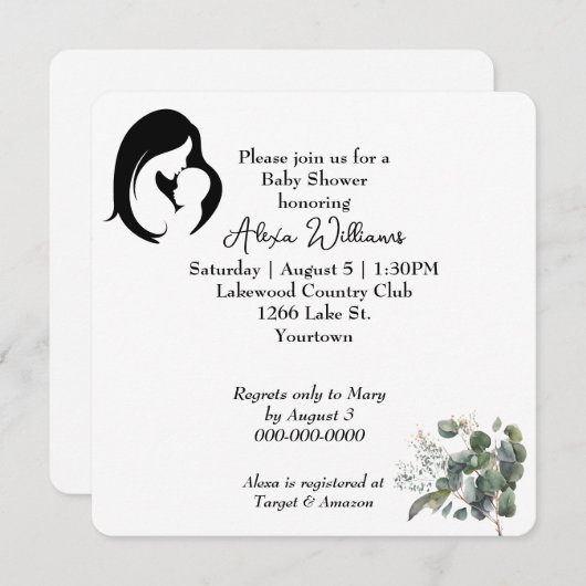 Mutter und Kind auf weißer Babydusche Einladung (Vorne/Hinten)