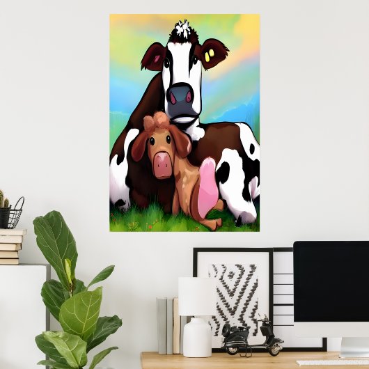 Mutter und Kind einer Kuh | AI Art Poster (Heimbüro)