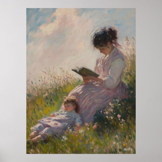 Mutter und Kind in Sunlit Meadow - Impressionistin Poster (Vorne)