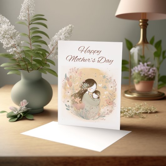 Mutter und Kind mit Aquarellfarben-Blume Karte