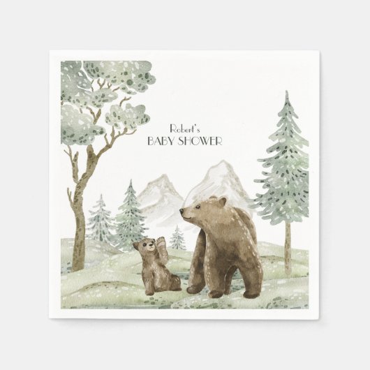 Mutter und Kind tragen Aquarellwald-Einladung Serviette (Vorderseite)