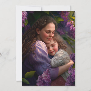Mutter und Kind umarmten unter einem Lilac Bush Feiertagskarte