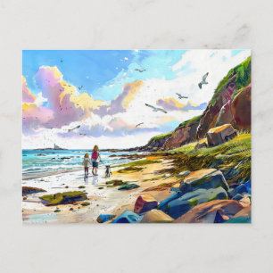 Mutter und Kind zu Fuß Hund am Strand Aquarell Feiertagspostkarte