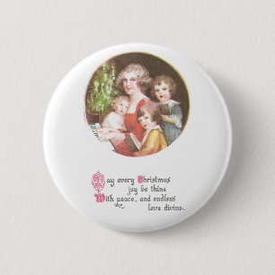 Mutter und Kinder singen Weihnachtslieder Vintage Button