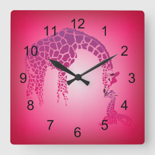 Mutter und Niedliche Baby Giraffe Fuchsia Quadratische Wanduhr