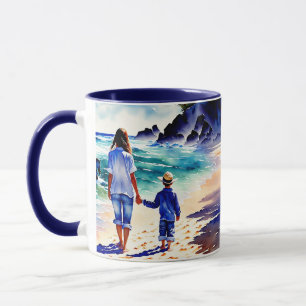 Mutter und Sohn beim Spaziergang am Strand Becher Tasse