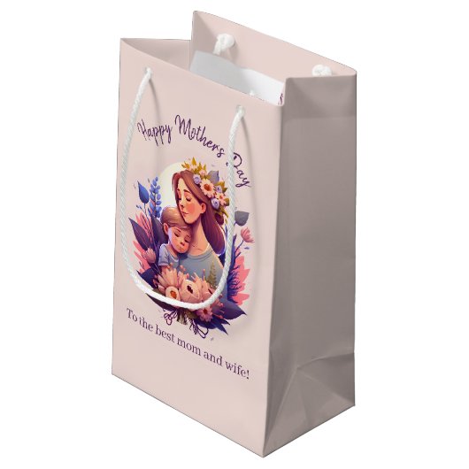 Mutter und Sohn glücklich Muttertag Kleine Geschenktüte (Rückseite Schrägansicht)