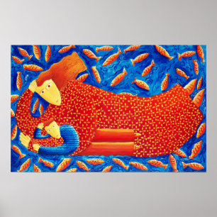 Mutter und Sohn mit Goldfisch Malerei Kunst Druck Poster