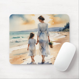 Mutter und Tochter am Strand spazieren gehend Mousepad