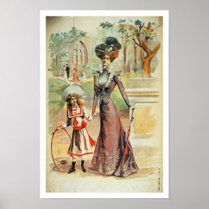 Mutter und Tochter auf einem Weg (Farbelitho) Poster