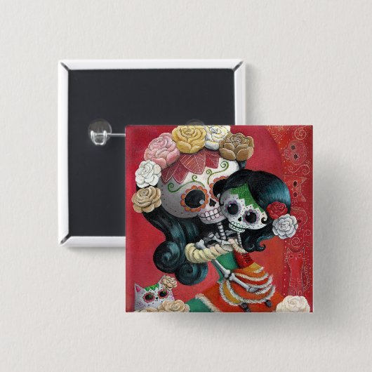 Mutter und Tochter Dia de Los Muertos Skeletons Button (Vorne & Hinten)