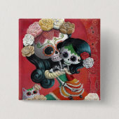 Mutter und Tochter Dia de Los Muertos Skeletons Button (Vorderseite)