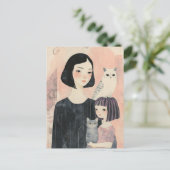 Mutter und Tochter mit Katze und Eule Katze Postkarte (Stehend Vorderseite)