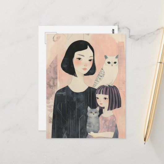 Mutter und Tochter mit Katze und Eule Katze Postkarte (Vorderseite/Rückseite Beispiel)