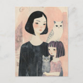 Mutter und Tochter mit Katze und Eule Katze Postkarte (Vorderseite)