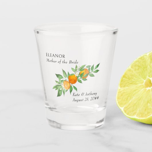 Mutter von Bride Orange Blossom Citrus Hochzeit Schnapsglas (Vorderseite)