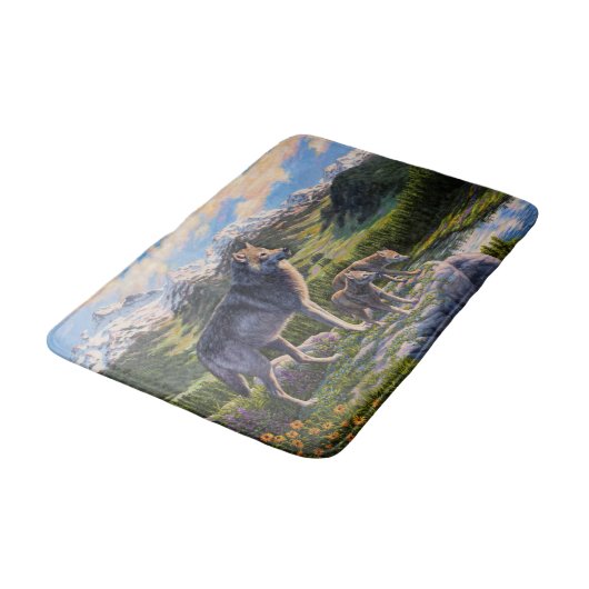 Mutter Wolf & Welpen Bergflusstal Badematte (Schrägansicht)