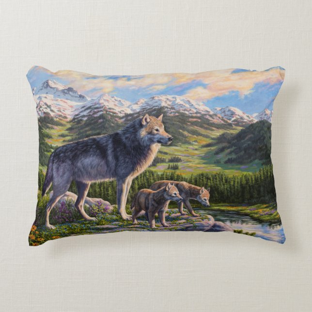 Mutter Wolf & Welpen Bergflusstal Dekokissen (Vorderseite)