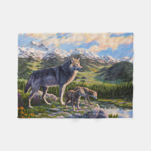 Mutter Wolf & Welpen Bergflusstal Fleecedecke
