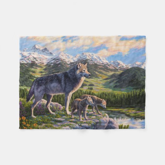 Mutter Wolf & Welpen Bergflusstal Fleecedecke (Vorderseite (Horizontal))