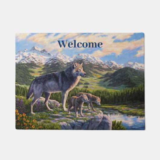 Mutter Wolf & Welpen Bergflusstal Fußmatte (Vorderseite)