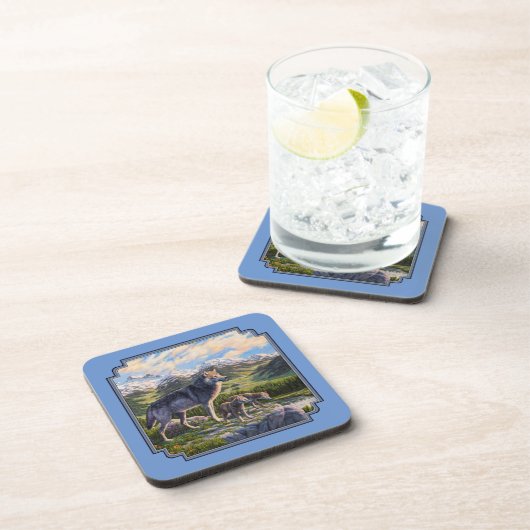 Mutter Wolf & Welpen Bergflusstal Getränkeuntersetzer (Rechte Seite)