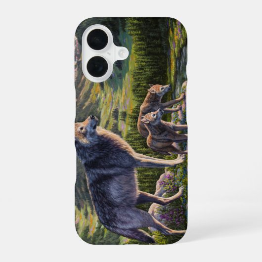 Mutter Wolf & Welpen Bergflusstal iPhone 16 Hülle (Rückseite)