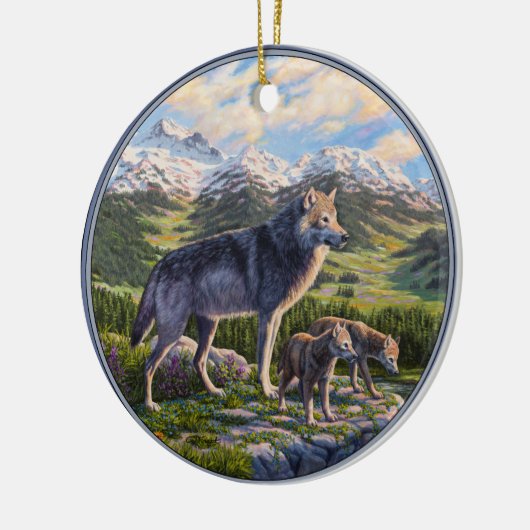 Mutter Wolf & Welpen Bergflusstal Keramik Ornament (Links)