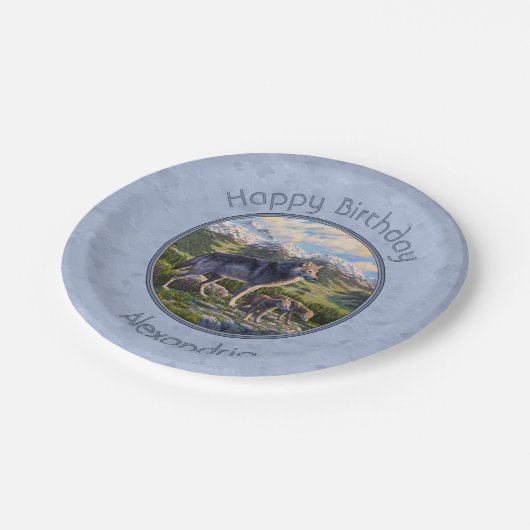 Mutter Wolf & Welpen Bergflusstal Pappteller (Schrägansicht)