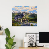 Mutter Wolf & Welpen Bergflusstal Poster (Heimbüro)