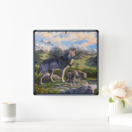 Mutter Wolf & Welpen Bergflusstal Quadratische Wanduhr (Zuhause)