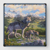 Mutter Wolf & Welpen Bergflusstal Quadratische Wanduhr (Vorderseite)