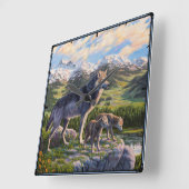 Mutter Wolf & Welpen Bergflusstal Quadratische Wanduhr (Winkel)