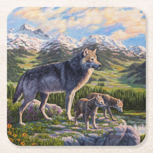 Mutter Wolf & Welpen Bergflusstal Rechteckiger Pappuntersetzer (Vorderseite)