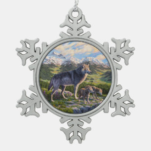 Mutter Wolf & Welpen Bergflusstal Schneeflocken Zinn-Ornament
